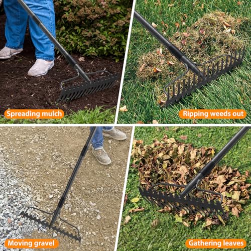 Rake, 17 Tines with 49 Inch Handle, 17 Inch Wide Heavy Duty Garden Thatch Leaf Rake for Raking Leaf Loosening Soil Gathering Mulch Leveling Rocks, Rustproof Metal Bow Rakes for Leaves Grass - style: 49"