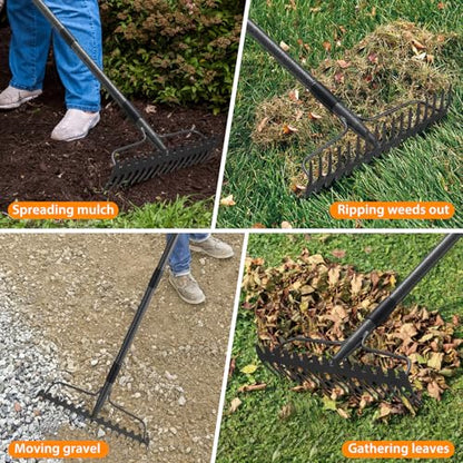 Rake, 17 Tines with 49 Inch Handle, 17 Inch Wide Heavy Duty Garden Thatch Leaf Rake for Raking Leaf Loosening Soil Gathering Mulch Leveling Rocks, Rustproof Metal Bow Rakes for Leaves Grass - style: 49"