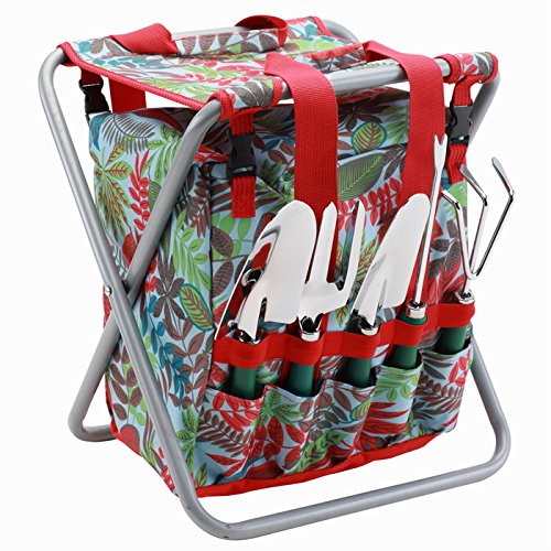 7-piece Garden Tool Set with Tote and Folding Stool Seat