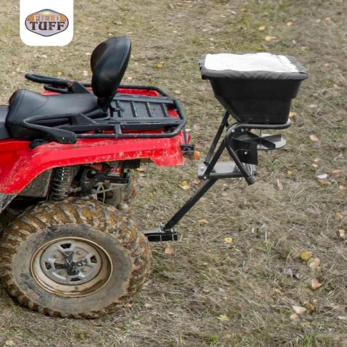 Field Tuff 12V 80 Pound Capacity Grass Seed Fertilizer Spreader with Hitch Mount Receiver and Rain Protector for ATV, UTV, or Utility Tractor