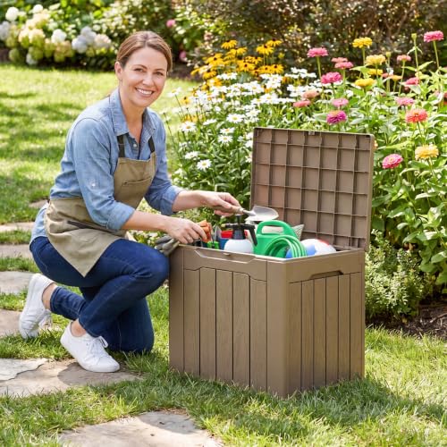 Flamaker Deck Box 30 Gallon, Waterproof Resin Small Storage Box with Lid - color: Brown, size: 30 Gallon