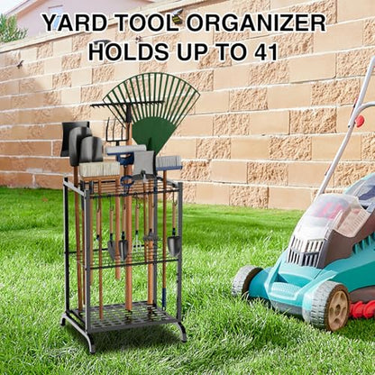 RANXFLOAT Garden Tool Organizer with Storage Hooks, Yard Tool Tower Rack for Garage Organization and Storage, Up to 35 Long-Handled Tools, Metal Tool Holder with 6 Hooks, Black
