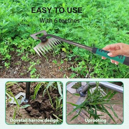 Weed Puller Gardening Hand Weeder Tools,Portable Artifact Uprooting Weeding 6 Teethes Manganese Steel Weed Removal Dual Purpose Manual Hand Pulling Tool for Lawn Garden - color: Green