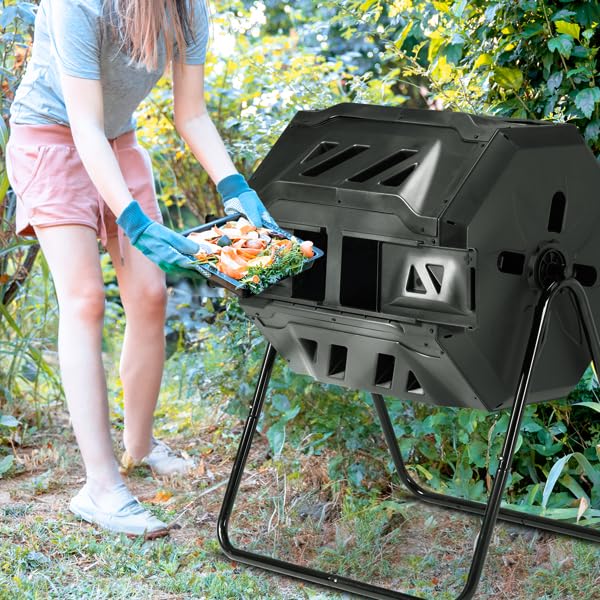 42-Gal Dual Chamber Compost Tumbler Outdoor, 360° Rotating Compost Bin with Steel Frame, Aeration System & 2 Sliding Doors for Kitchen, Garden, Yard - Black