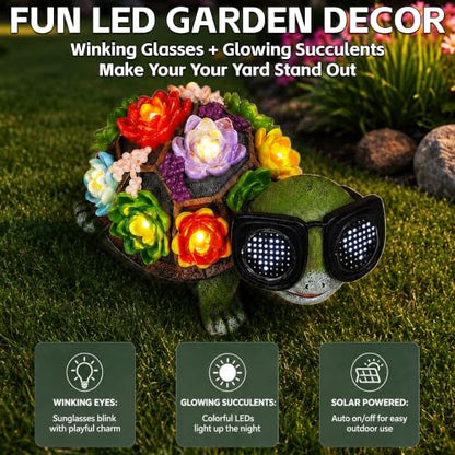 Solar Turtle Garden Statue with Heart-Shaped LED Sunglasses, Light Up - color: Green Turtle Statue