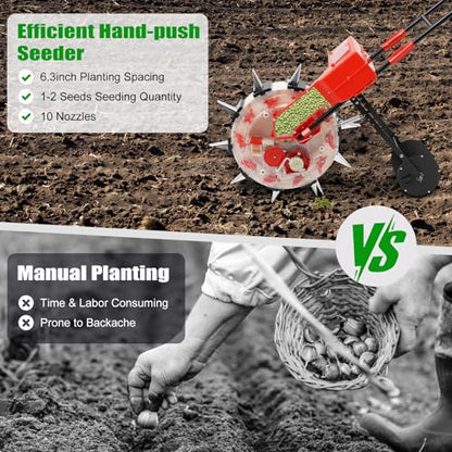 Garden Seeder, Hand-Push Metal Precision Lawn & Garden Spreaders Row Planter Corn Planter Seeder for Soy Peanut Corn Cotton 10 Nozzles, Planting Depth 2.6-3.5in