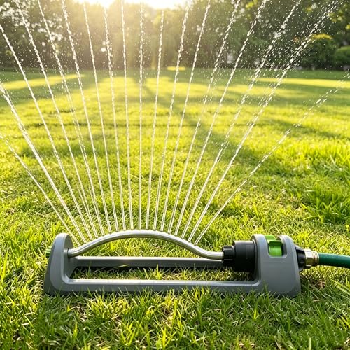 Lawn Sprinkler, Oscillating Sprinkler for Yard with 18 Hole Brass Nozzles, Watering for Lawn & Garden Covers up to 3,600 sq.ft, Easy Adjust Range Control, Built-in Spray Jet Cleaning Needle (Gray)