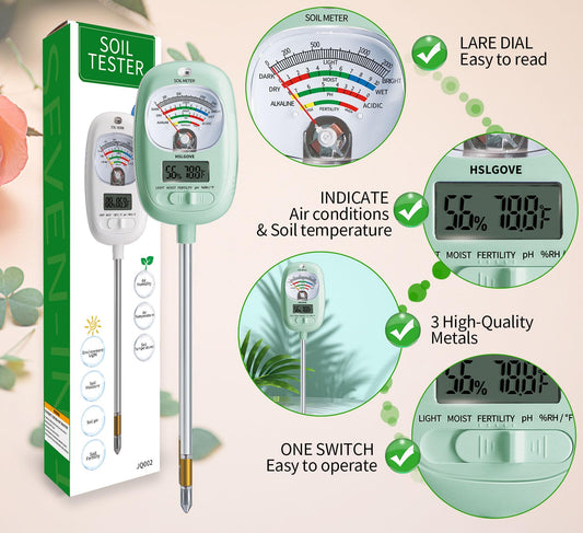 HSLGOVE Soil Test Kit, 7-in-One Soil Moisture Meter/Soil PH Meter/Fertility, Dual Screen Soil Tester w/Digital Soil Temp/Air Temp&Humidity for Plants Gardening,Lawn,Farm Indoor&Outdoor-AppleGreen - color: AppleGreen