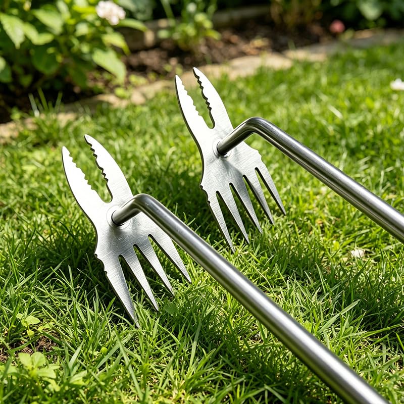 Stainless Steel Weeding Rake Heavy Duty Comfort Grip Gardening Tool for Root Weed Removal