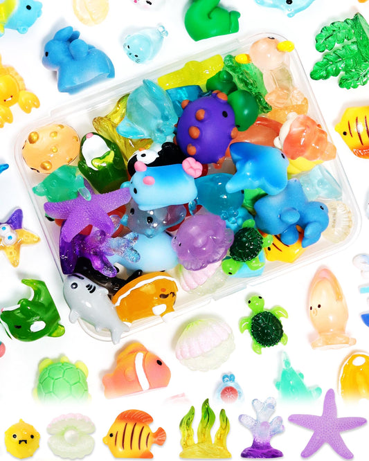 FIVEIZERO 50 Pcs Mini Resin Aquatic Animal Figurines Bulk Tiny Little Animals to Hide Small Figures for Micro Fairy Garden Party Favors Dollhouse Crafts Decor - color: Multi-colored Aquatic Animals
